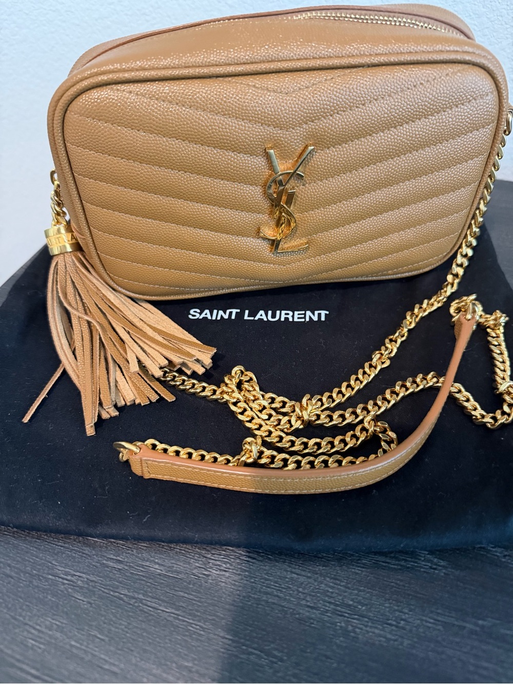 Saint Laurent Camel Quilted Leather Bag with Tassel and Gold Chain